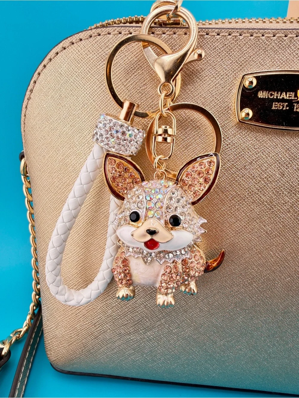 🐶 White & Gold CORGI PUPPY DOG Crystal Rhinestone Bag Charm /Keychain + Key Ring